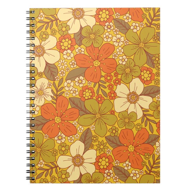 Caderno Espiral Floral Verde Laranja e Verde Oleícola, Retro 60/70 (Frente)