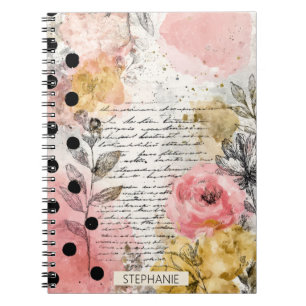 Caderno Espiral Floral Vintage em Aquarela com Letra e Pontos Artí