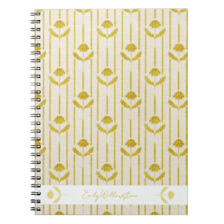 Caderno Espiral Floral Vintage em listras em amarelo mostarda