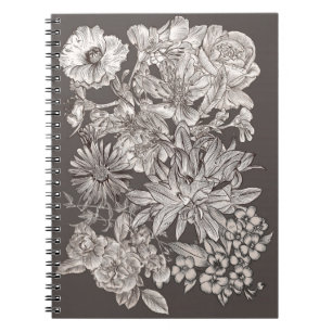 Caderno Espiral Floral Vintage Moderno Botânico Marfim e Cinza