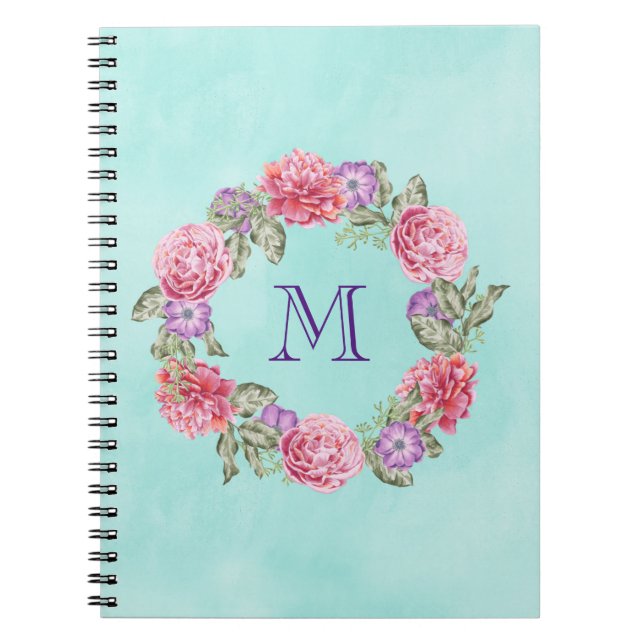 Caderno Espiral Floral Wreath Watercolor Flowers Monograma Persona (Frente)