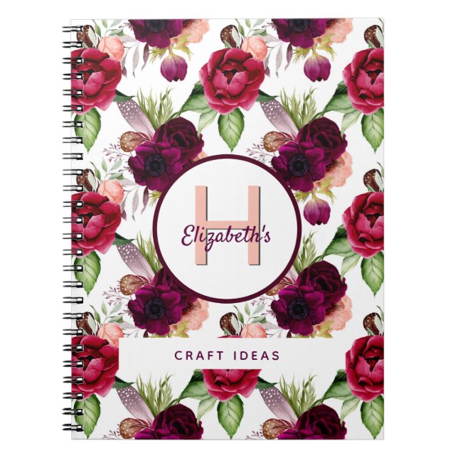 Caderno Espiral Florals burgundy - artesanato de ideias monograma (Frente)