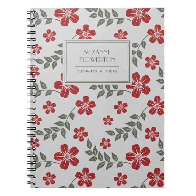 Caderno Espiral Flores à moda e folhas cinzentas vermelhas (Frente)