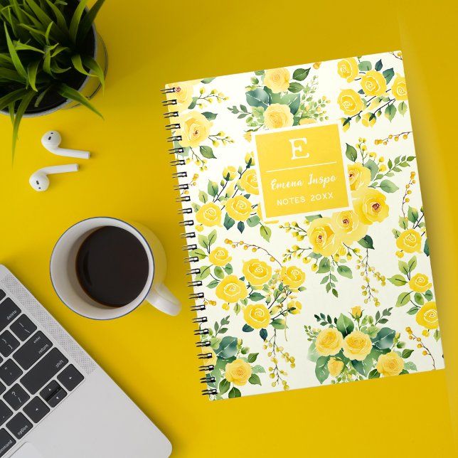 Caderno Espiral Flores Amarelas Monogramas, Floral estético (Criador carregado)