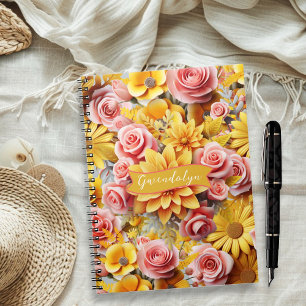 Caderno Espiral Flores amarelas personalizadas encadernação espira