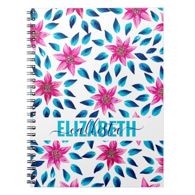 Caderno Espiral Flores Azuis Cor-de-Rosa Brilhante Deixam Monogram (Frente)
