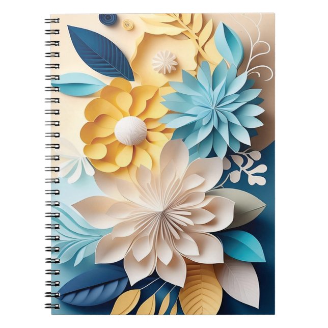 Caderno Espiral Flores Azuis e Amarelas 3D (Frente)