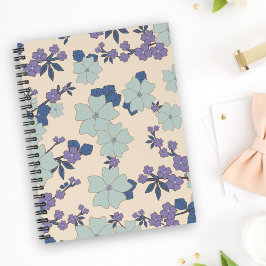 Caderno Espiral Flores Azuis, Flores Roxas, Padrão Floral