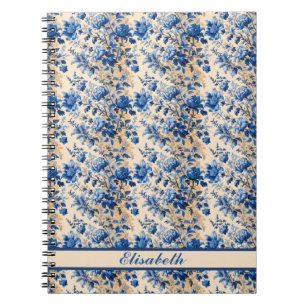 Caderno Espiral Flores Azuis França Tecido Vintage Seu nome