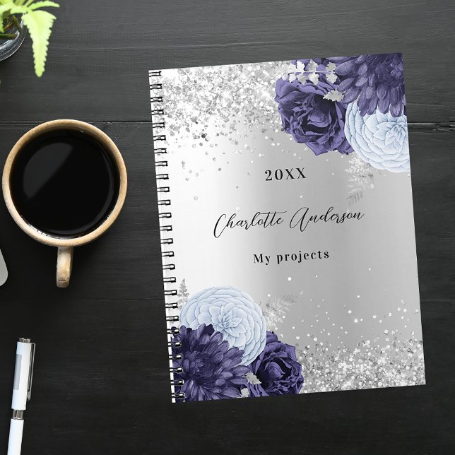 Caderno Espiral Flores azuis marinho prateadas elegantes glamouros (Criador carregado)