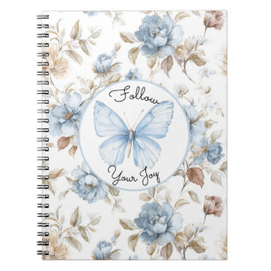 Caderno Espiral Flores Azuis Românticas Folhas Marrons Borboleta