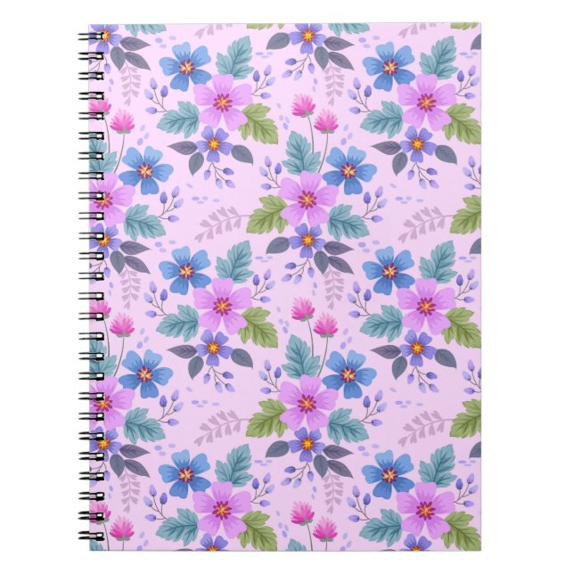 Caderno Espiral Flores Azuis-Rosa-Flor Violeta Padrão-36841 (Frente)