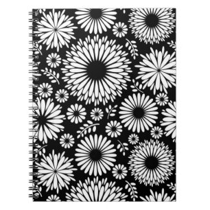 Caderno Espiral Flores boho Padrão floral vetorial preto e branco