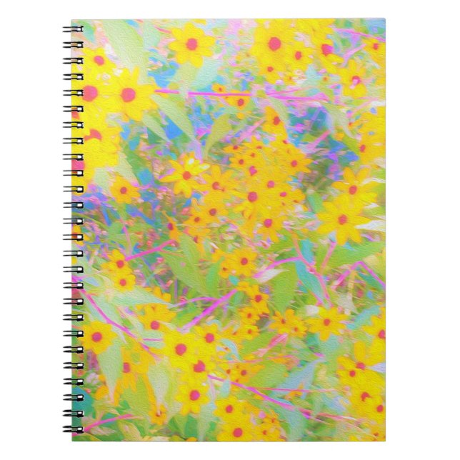 Caderno Espiral Flores bonito Amarelo e Vermelho com Turquesa (Frente)