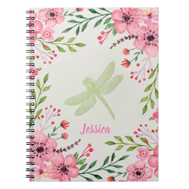 Caderno Espiral Flores bonito Rosa Com Dragonfly E Nome (Frente)
