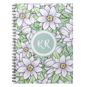 Caderno Espiral Flores bonito Verde Verde Floral Deixam Monograma