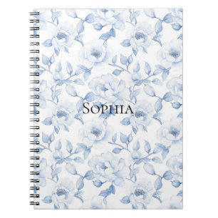 Caderno Espiral Flores brancas azuis Bonito chic