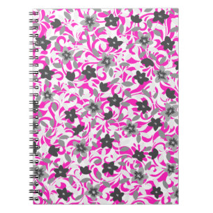 Caderno Espiral Flores brancas cinzas cor-de-rosa
