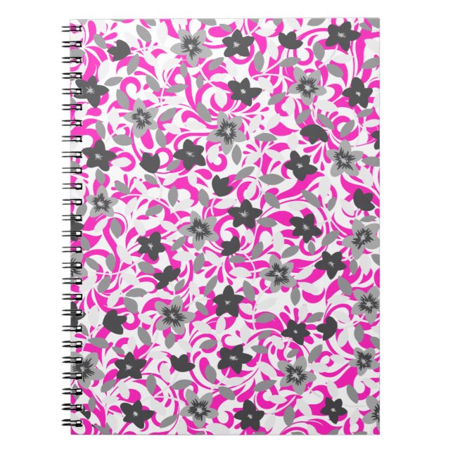Caderno Espiral Flores brancas de abstrato, cinza, cor-de-rosa (Frente)