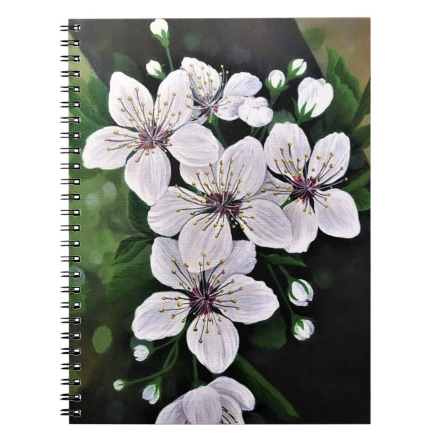 Caderno Espiral Flores Brancas De Cereja Arte Em Acrílico (Frente)