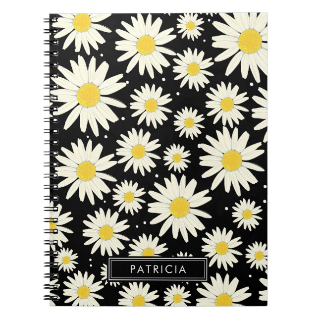 Caderno Espiral Flores Brancas Design Pretas Personalizadas (Frente)