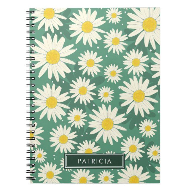 Caderno Espiral Flores Brancas Design Verde Personalizadas (Frente)