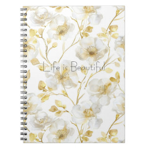 Caderno Espiral Flores Brancas Douradas Lindas