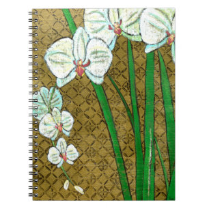 Caderno Espiral Flores brancas e caules verdes na fronteira castan