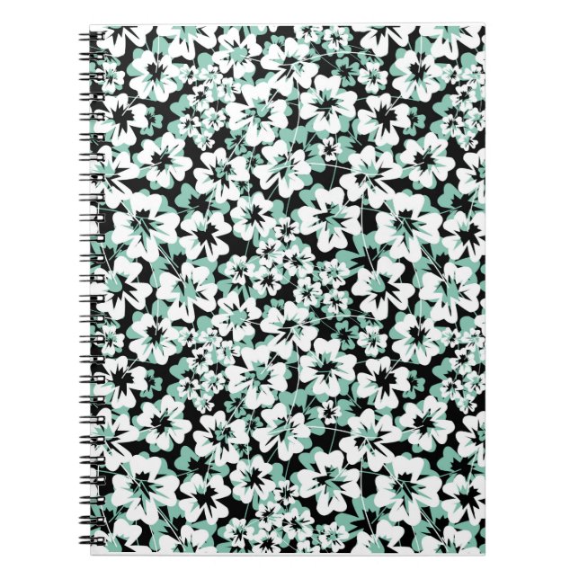 Caderno Espiral Flores brancas e turquesas a preto. (Frente)