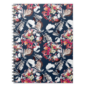 Caderno Espiral Flores brancas e vermelhas em azul.