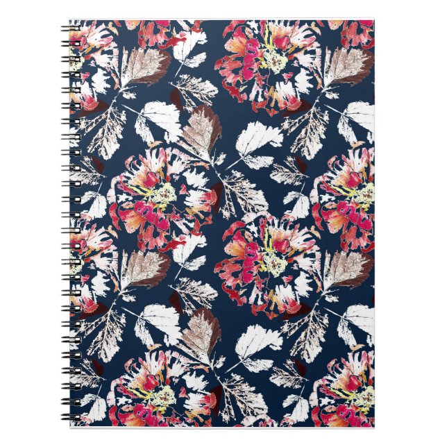 Caderno Espiral Flores brancas e vermelhas em azul. (Frente)