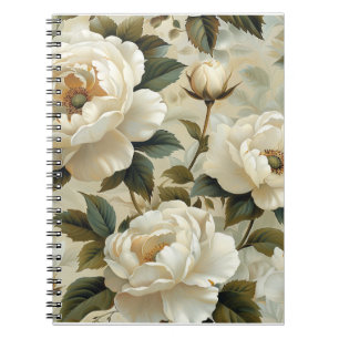 Caderno Espiral Flores brancas sobre fundo creme.