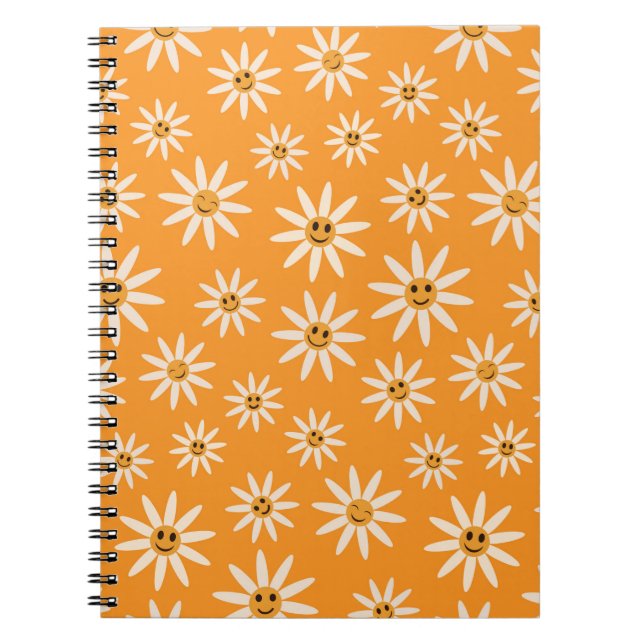 Caderno Espiral Flores Brancas Sorridente Retro em Laranja  (Frente)