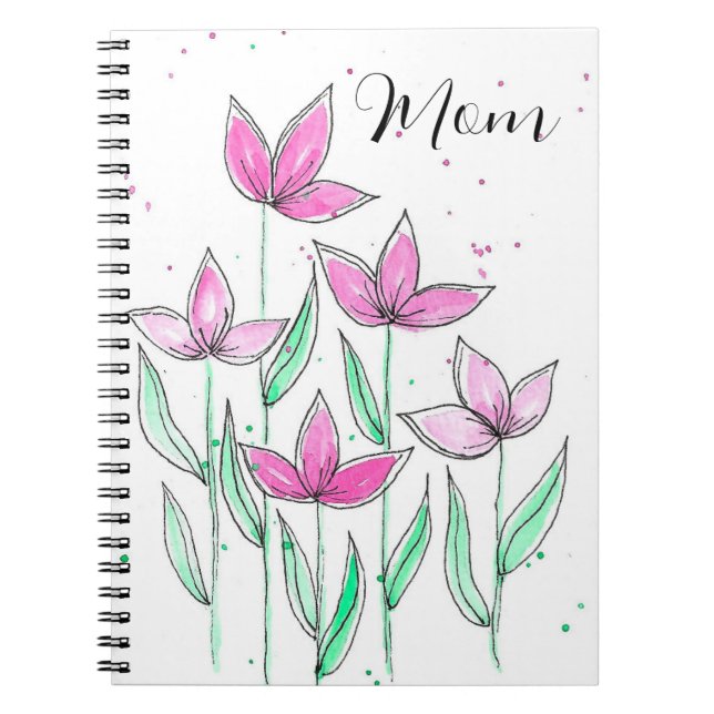 Caderno Espiral Flores Caprichosas em Aquarela Rosa (Frente)