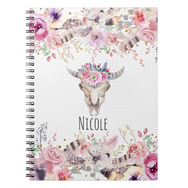 Caderno Espiral Flores & Caveira de Vaca Rústico País Glam Boho Ch (Frente)