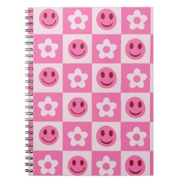 Caderno Espiral Flores checadas e rostos felizes rosa