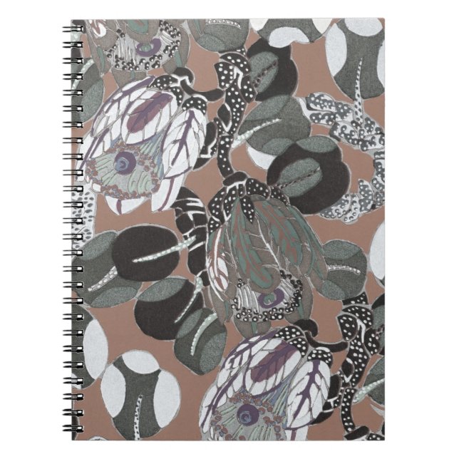Caderno Espiral Flores cinzas e padrão marrom (Frente)