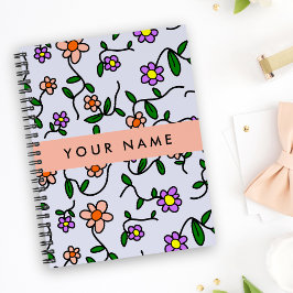 Caderno Espiral Flores Coloridas, Fundo Azul, Laranja