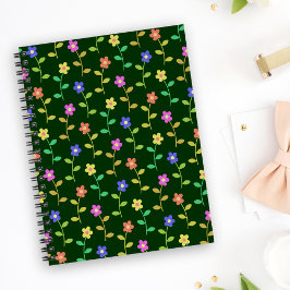 Caderno Espiral Flores Coloridas, Padrão Floral, Verde, Boho