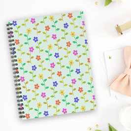 Caderno Espiral Flores Coloridas, Padrão Floral, Verde, Boho