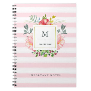 Caderno Espiral Flores cor-de-rosa bonito da aguarela da peônia