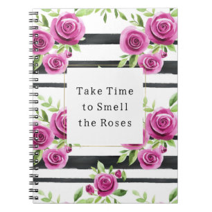 Caderno Espiral Flores Cor-de-Rosa Listras Pretas Levam Tempo Chei