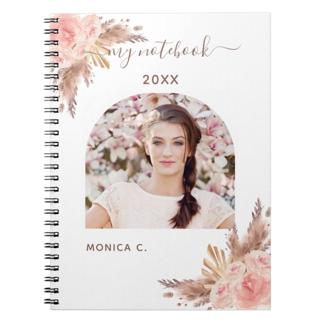 Caderno Espiral Flores cor-de-rosa rosa douradas pampas (Frente)