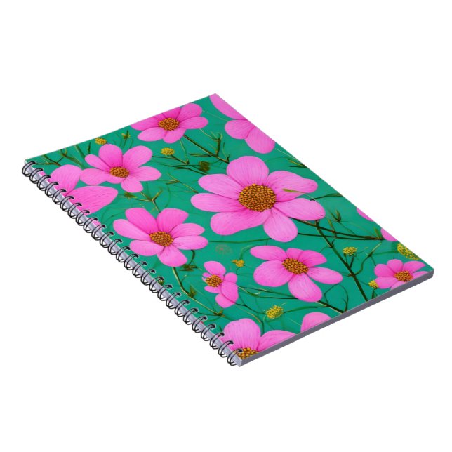 Caderno Espiral flores cor-de-rosa sobre fundo verde (Lado Direito)
