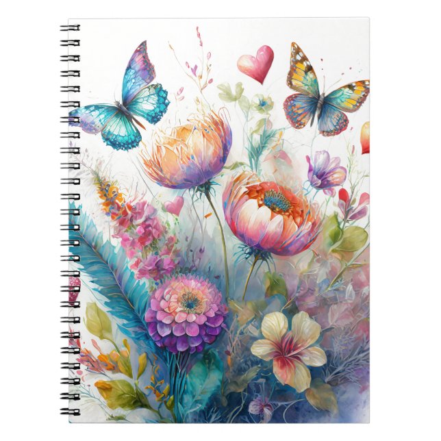 Caderno Espiral Flores, corações e borboletas (Frente)