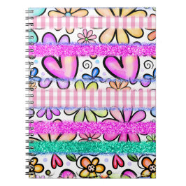 Caderno Espiral Flores, Corações e Brilhantes