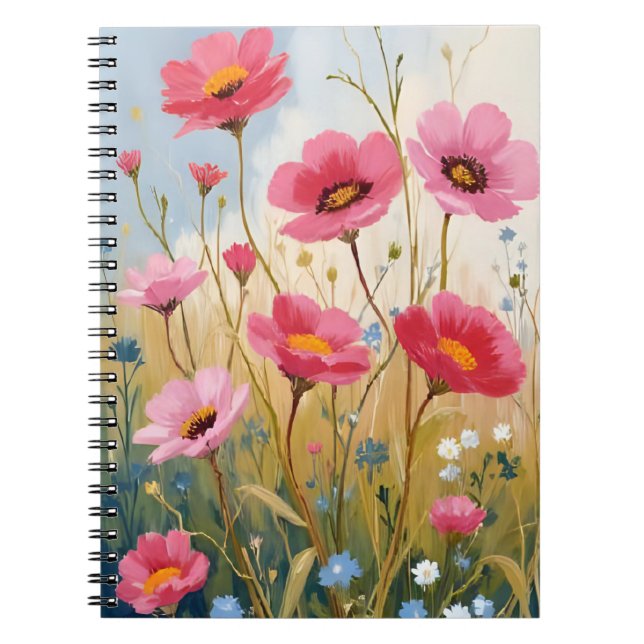 Caderno Espiral Flores Coradas | Prado Floral Rosa (Frente)