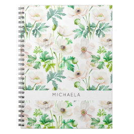 Caderno Espiral Flores de anêmona branca pintadas em creme