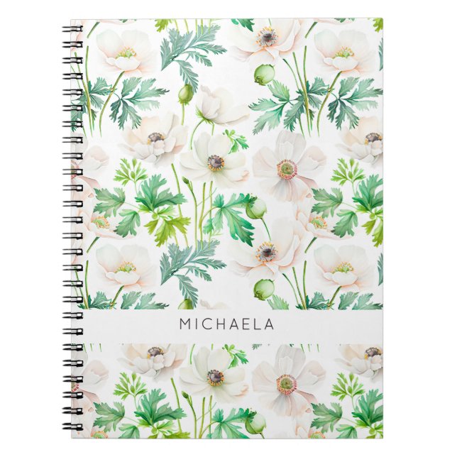 Caderno Espiral Flores de anêmona branca pintadas em creme (Frente)
