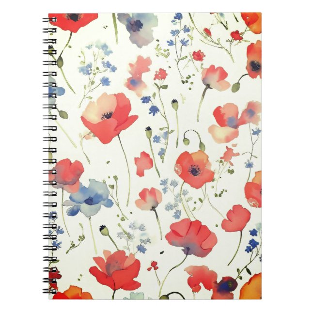 Caderno Espiral Flores de Aquarela Azul e Vermelho (Frente)